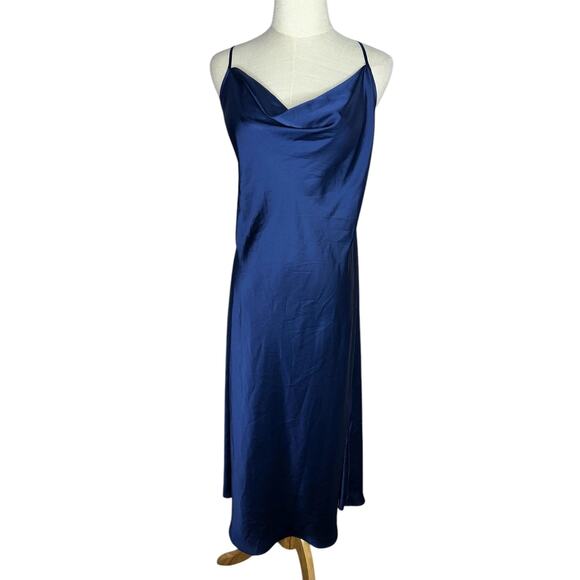 Tahari Dainty Navy Blue Satin Slip Midi Minimalist Dress Cowl Neck Size Large - Picture 2 of 9